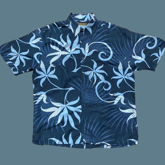 Cubavera Linen Blend Navy Blue Button Front Casual Hawaiian Shirt Men's Large - Picture 1 of 8